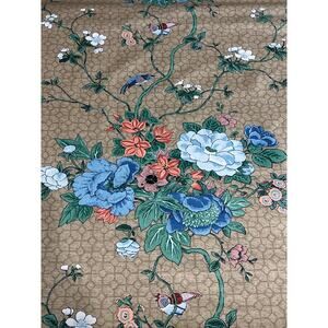 Vtg Bloomcraft Upholstery Fabric 7 Yds Blue Coral Tan Floral Birds Asian Chintz